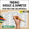 Finding Radius and Diameter from Area and Circumference Worksheets